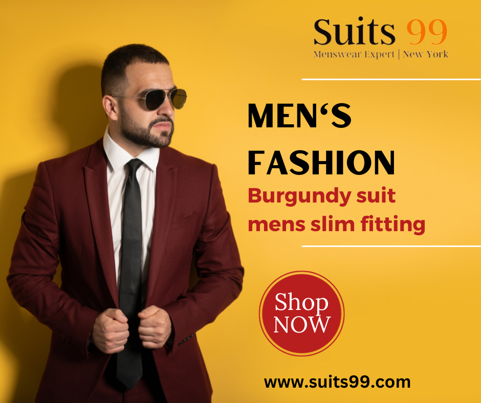 Men's Burgundy Skinny Fit Suit with Vested Style main image 1
