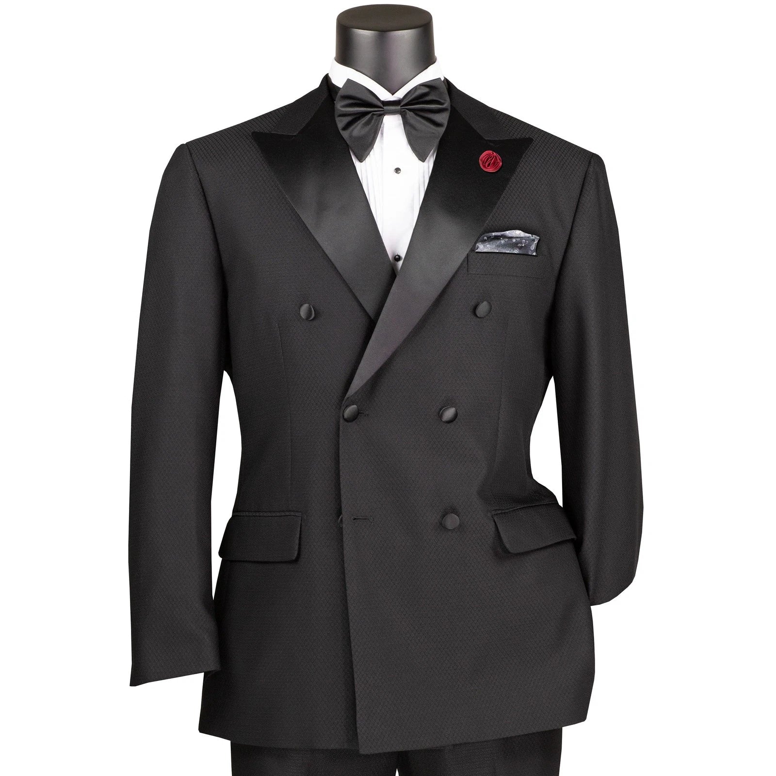 Double Breasted Modern Fit Tuxedo Black with Black Satin Peak Lapel - Suits99