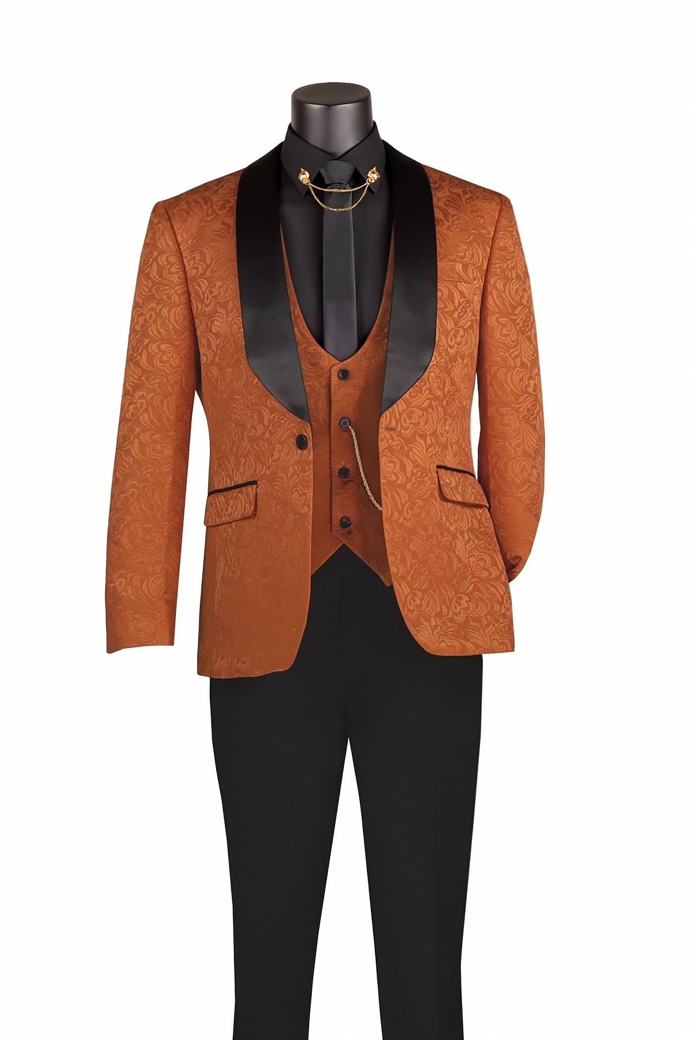 Brown blazer, black vest, and pants on a mannequin against a white background