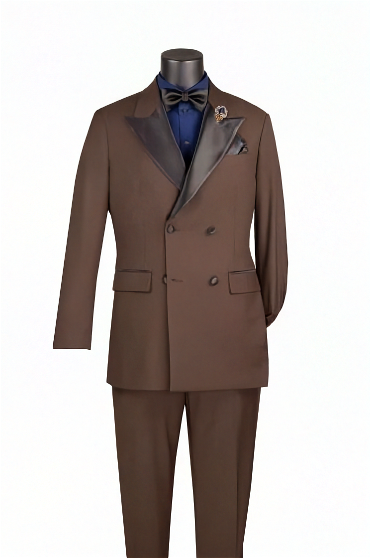 Brown suit with blue shirt and bow tie on a mannequin against a white background