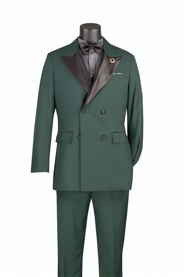 Green suit with black lapels on a mannequin against a white background