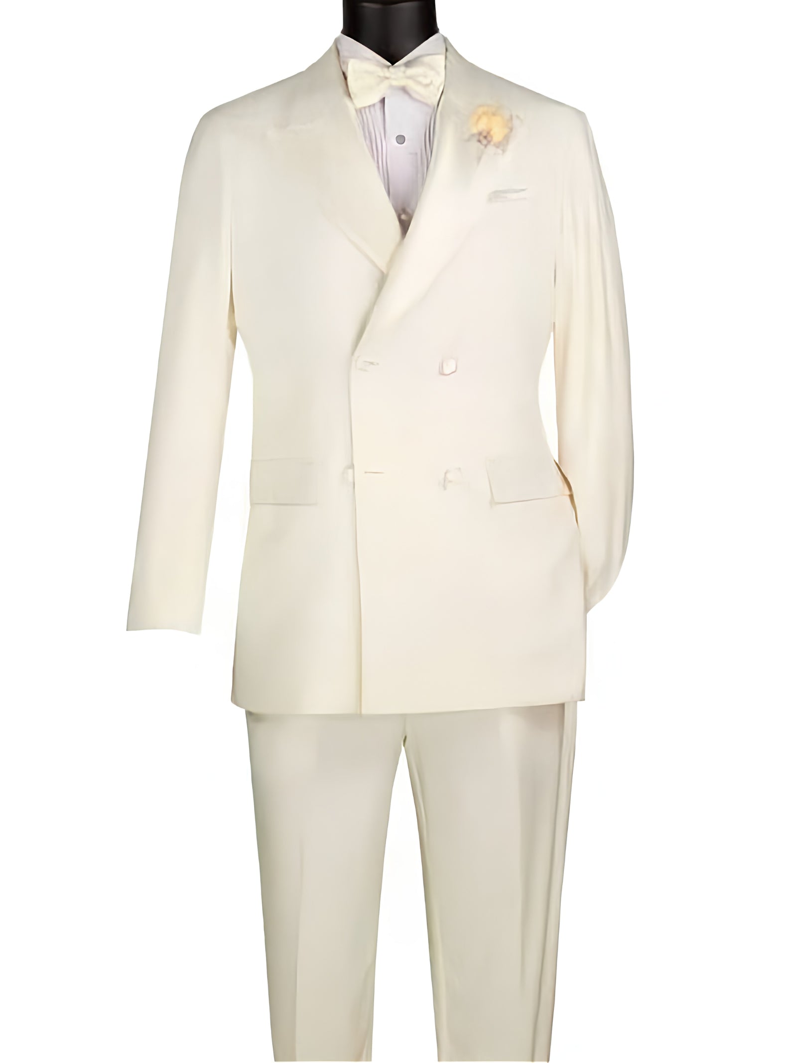 Double Breasted Regular Fit Tuxedo Ivory with Black Satin Peak Lapel - Suits99