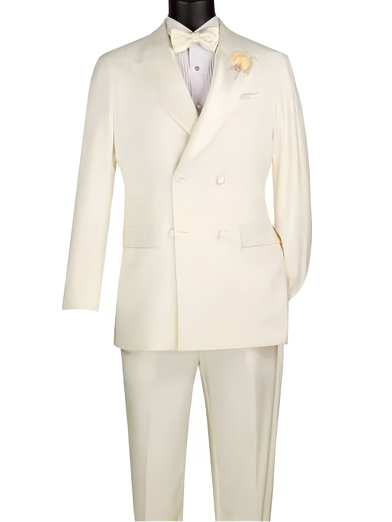 Double Breasted Regular Fit Tuxedo Ivory with Black Satin Peak Lapel