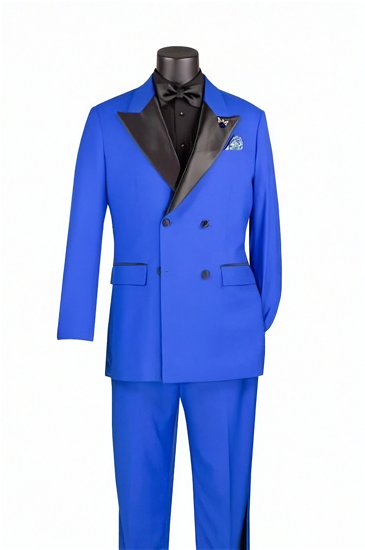 Blue tuxedo with black lapels on a mannequin against a white background
