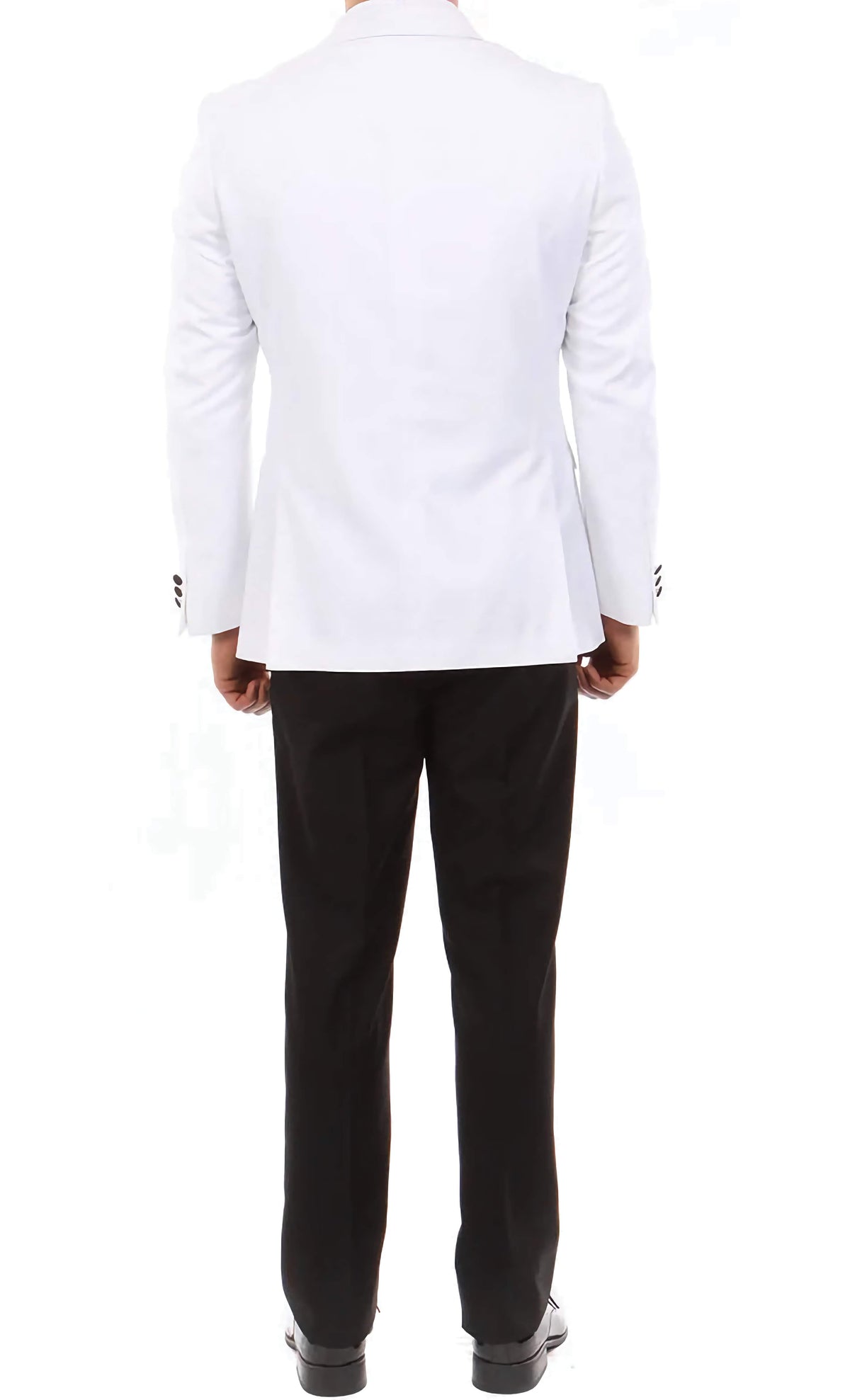 Double Breasted Slim Fit Tuxedo White with Black Satin Peak Lapel - Suits99