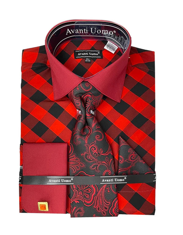 French cuff Shirt Set in Red - Suits99