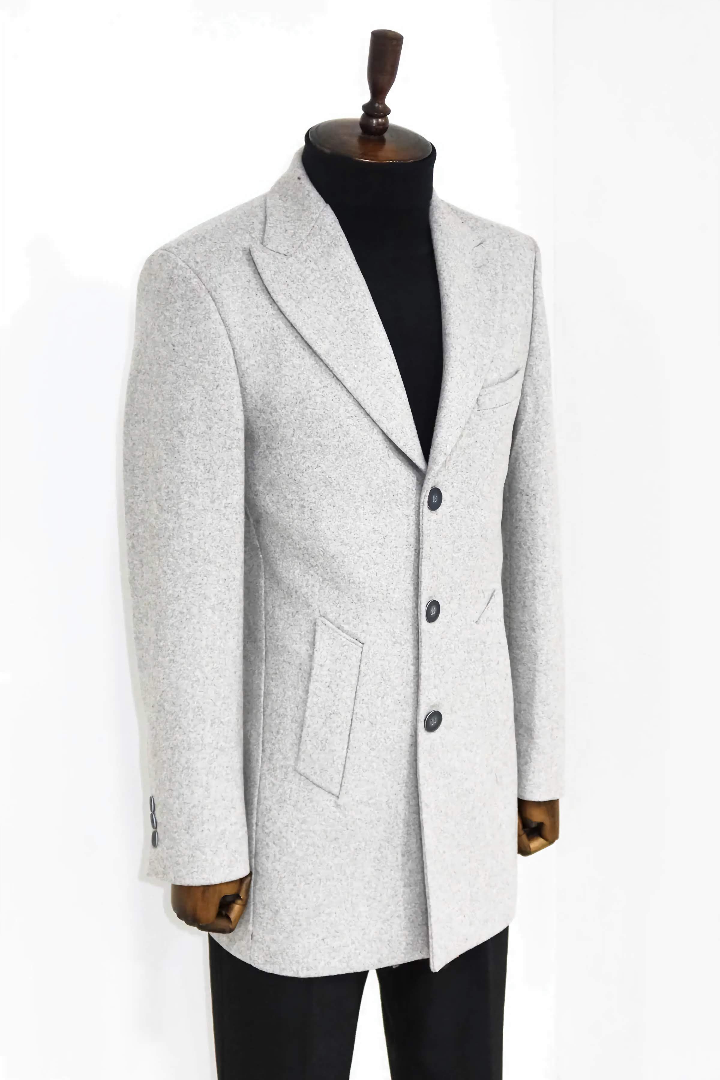 LIGHT GRAY WIDE LAPEL WOOL PEACOAT SLIM FIT - Suits99