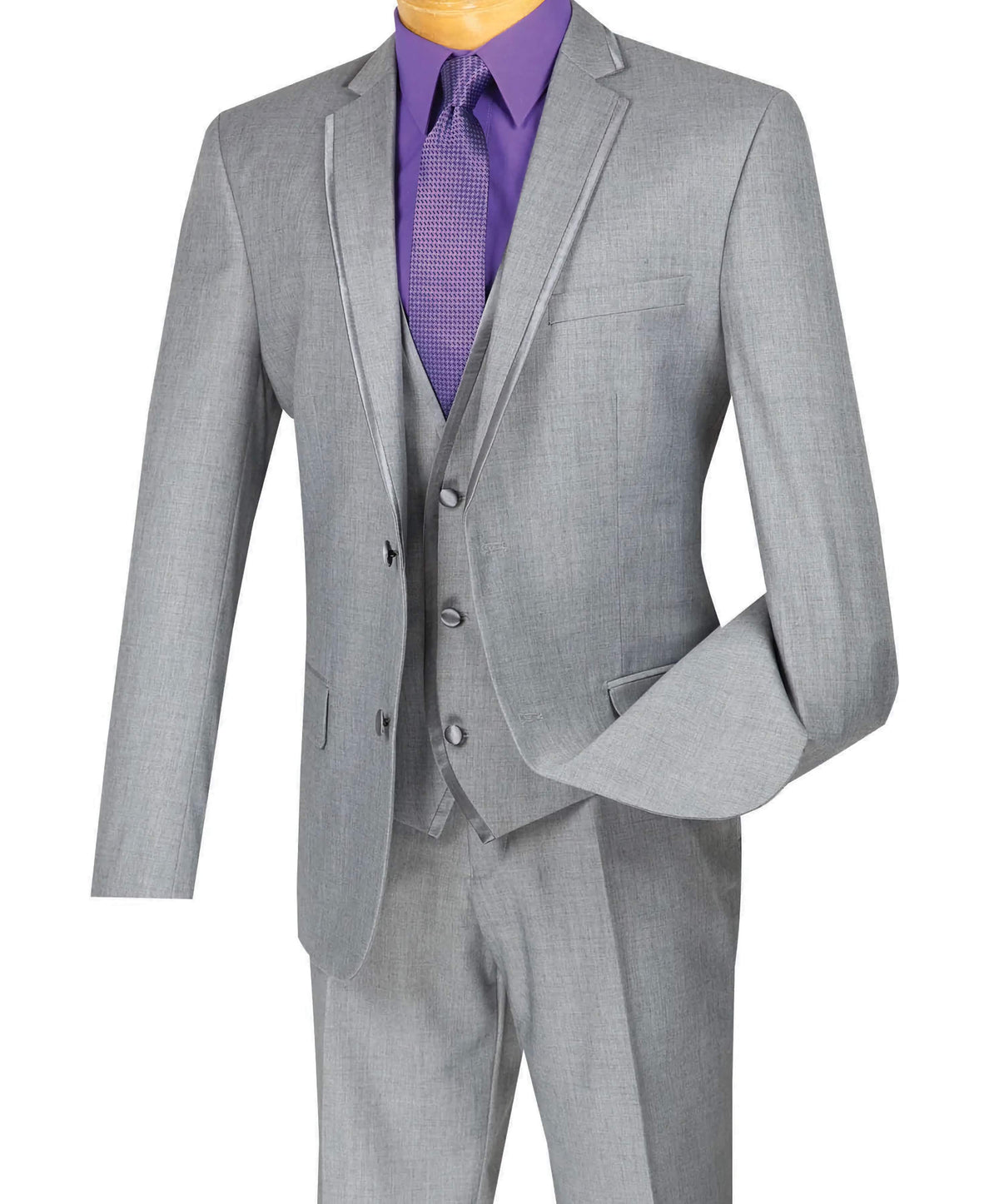Leo Collection - Slim Fit Tuxedo 2 Button 3 Piece Suit Light Gray - Suits99
