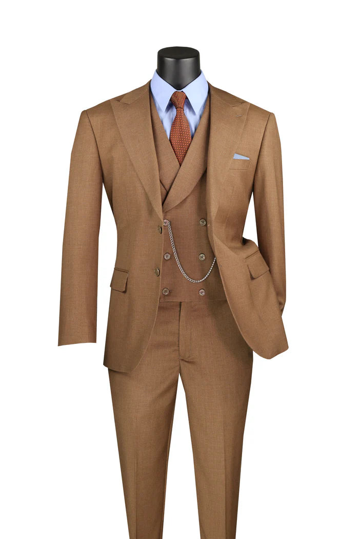 Tessori Collection - Modern Fit Solid Suit 3 Piece in Light Brown - Suits99
