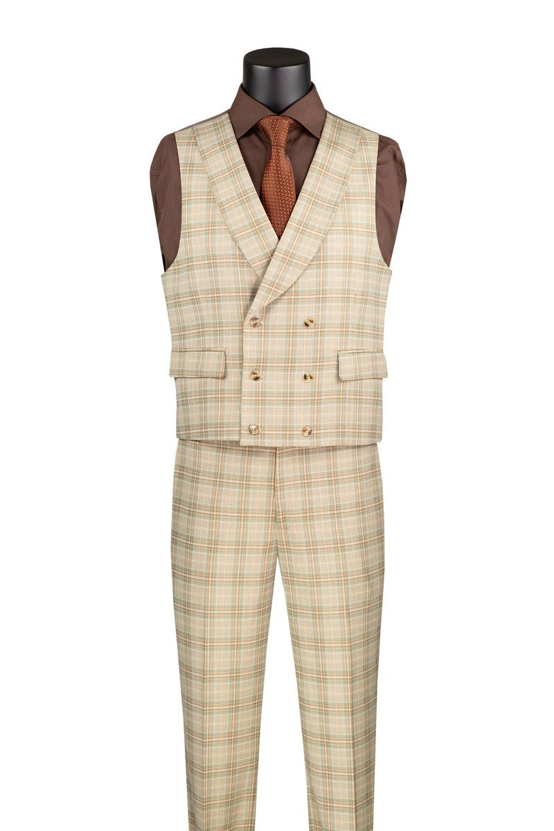 Modern Fit Windowpane Suit 3 Piece in Khaki