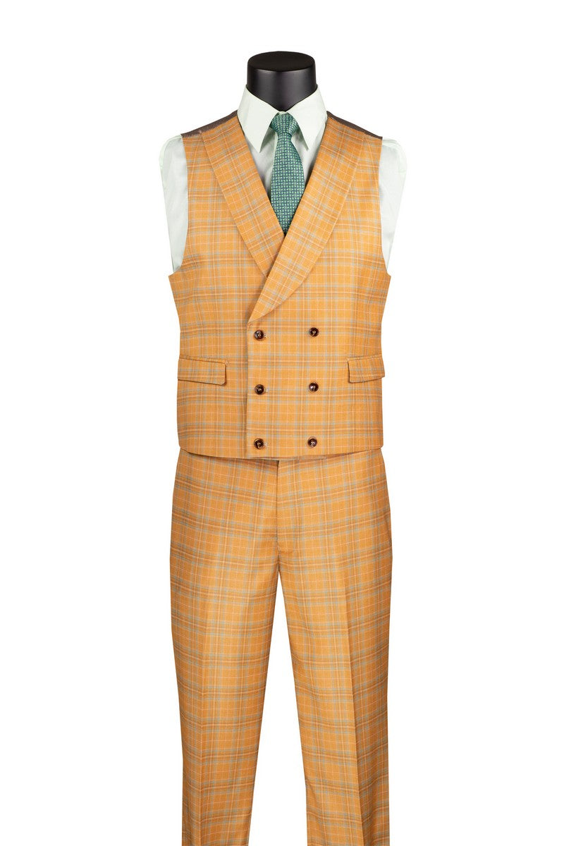 Modern Fit Windowpane Suit 3 Piece in Orange - Suits99