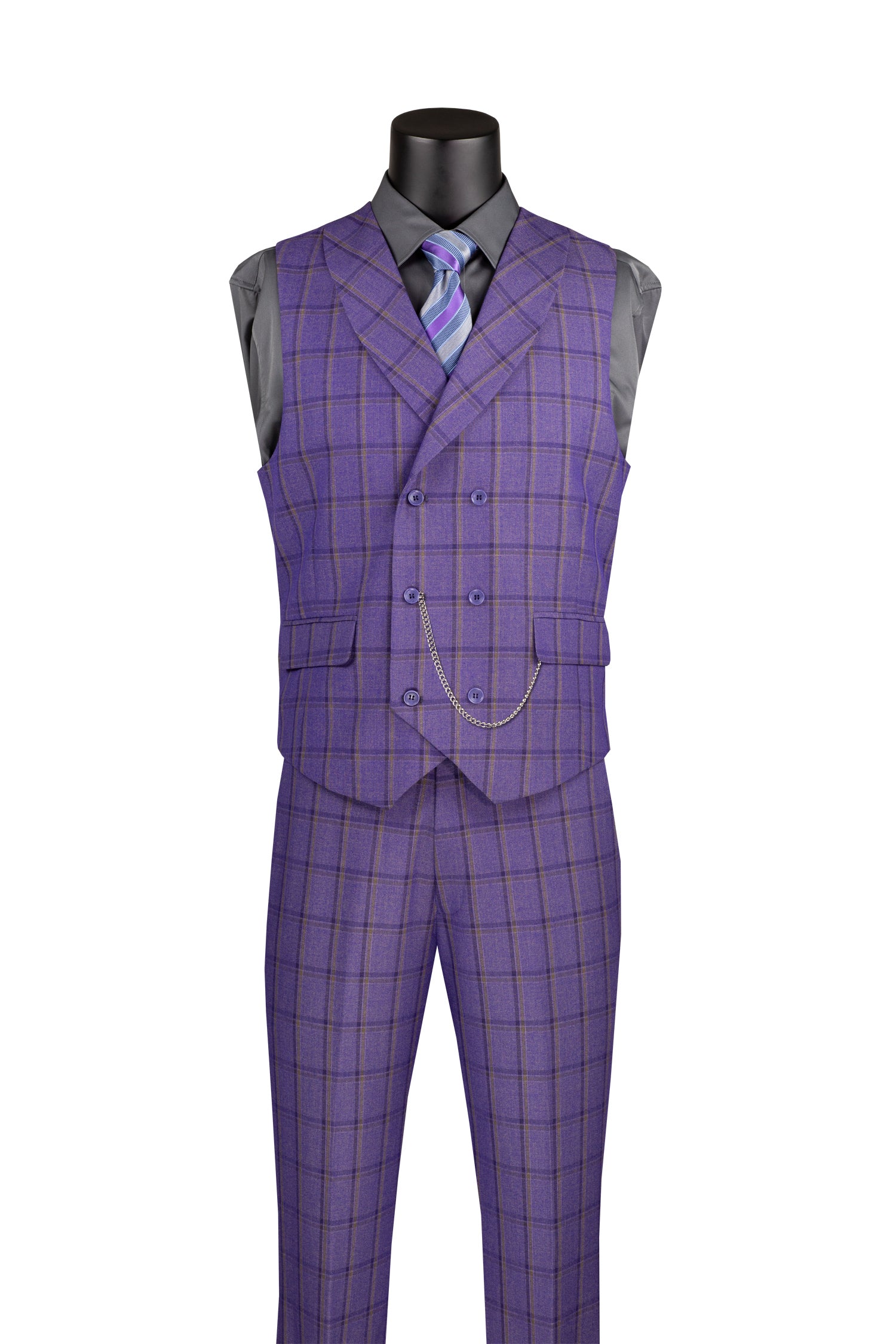 Diamond Collection Modern Fit Windowpane Suit 3 Piece in Purple - Suits99
