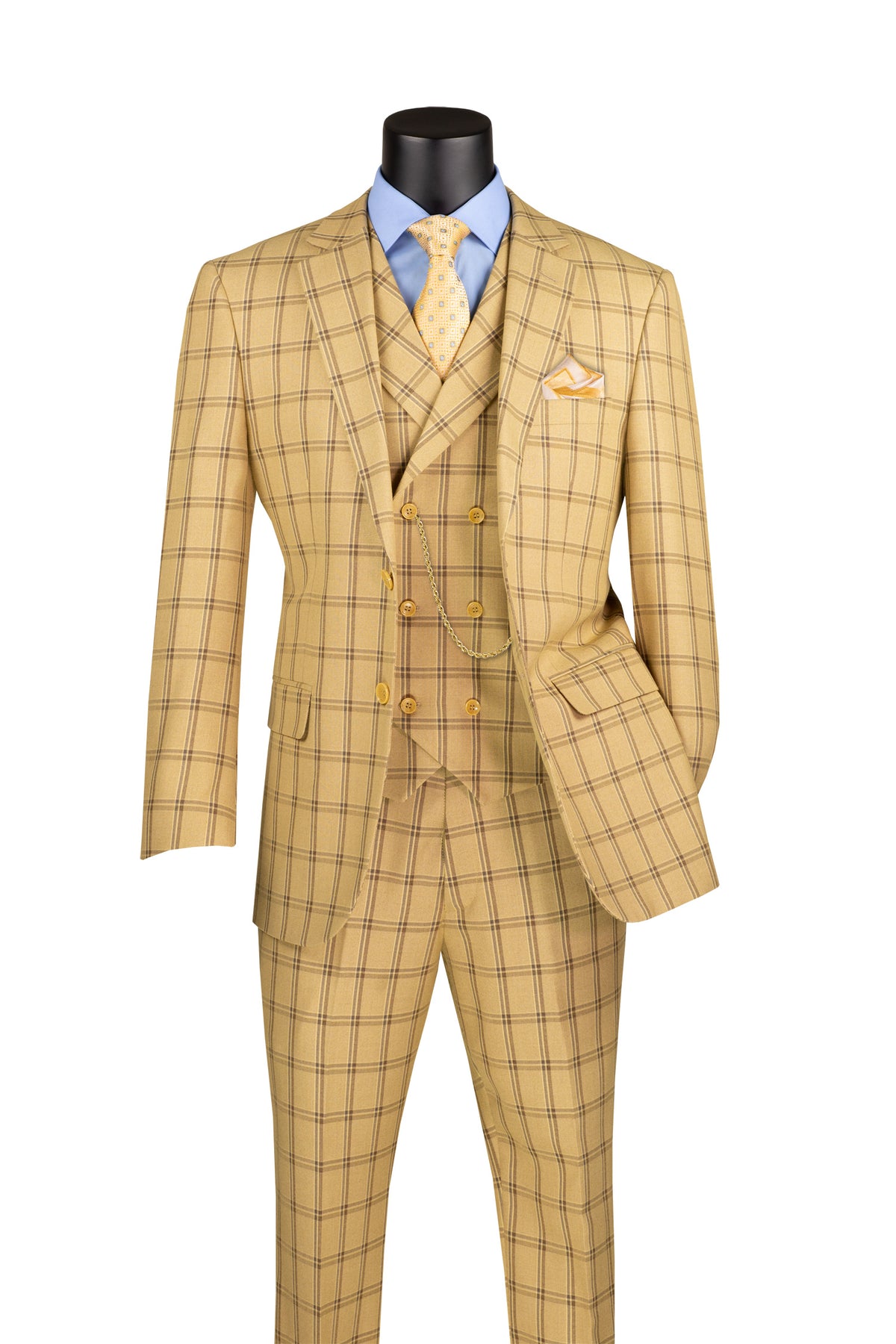 Diamond Collection Modern Fit Windowpane Suit 3 Piece in Tan - Suits99
