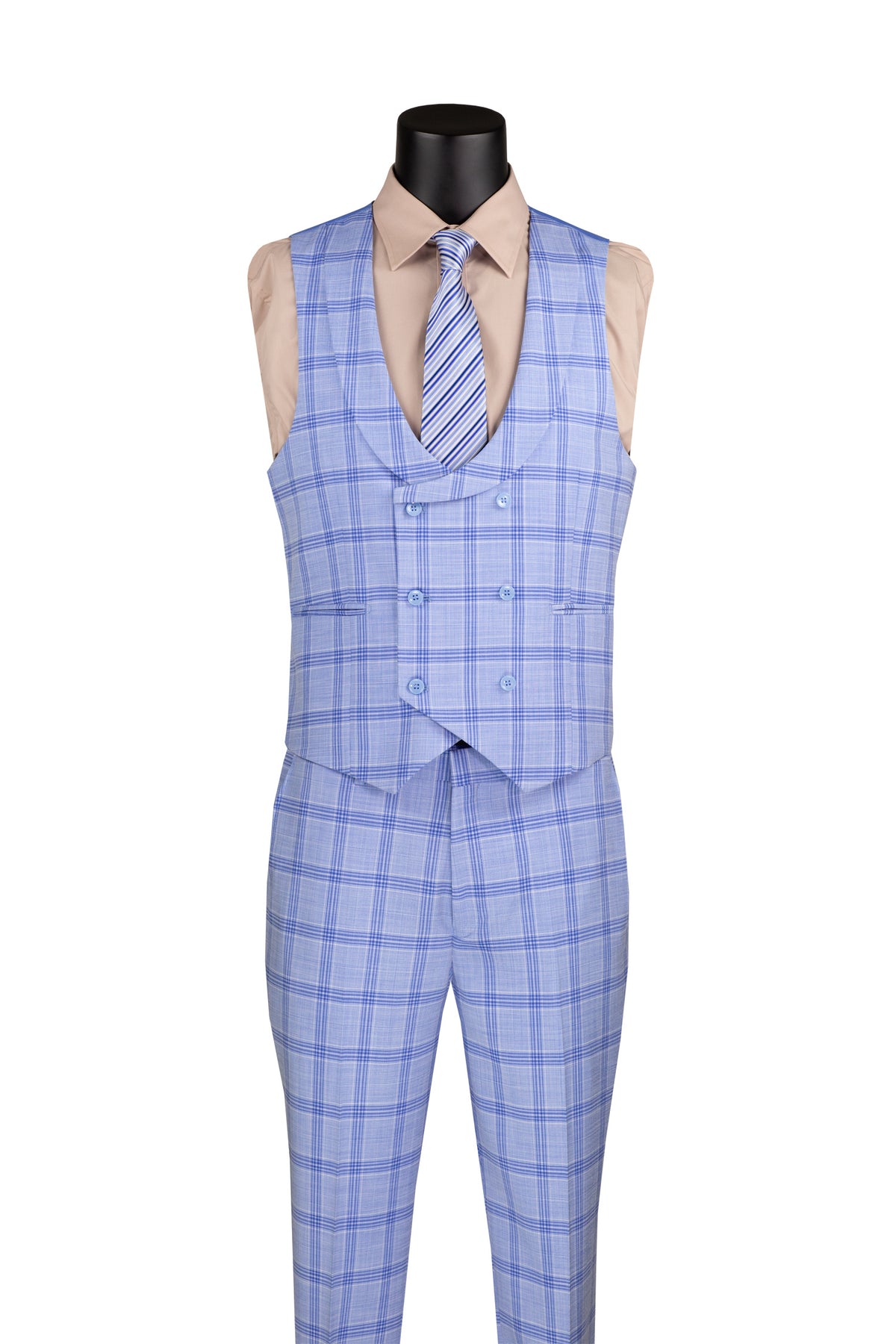 Venetian Collection Modern Fit Windowpane Suit 3 Piece in Light Blue - Suits99