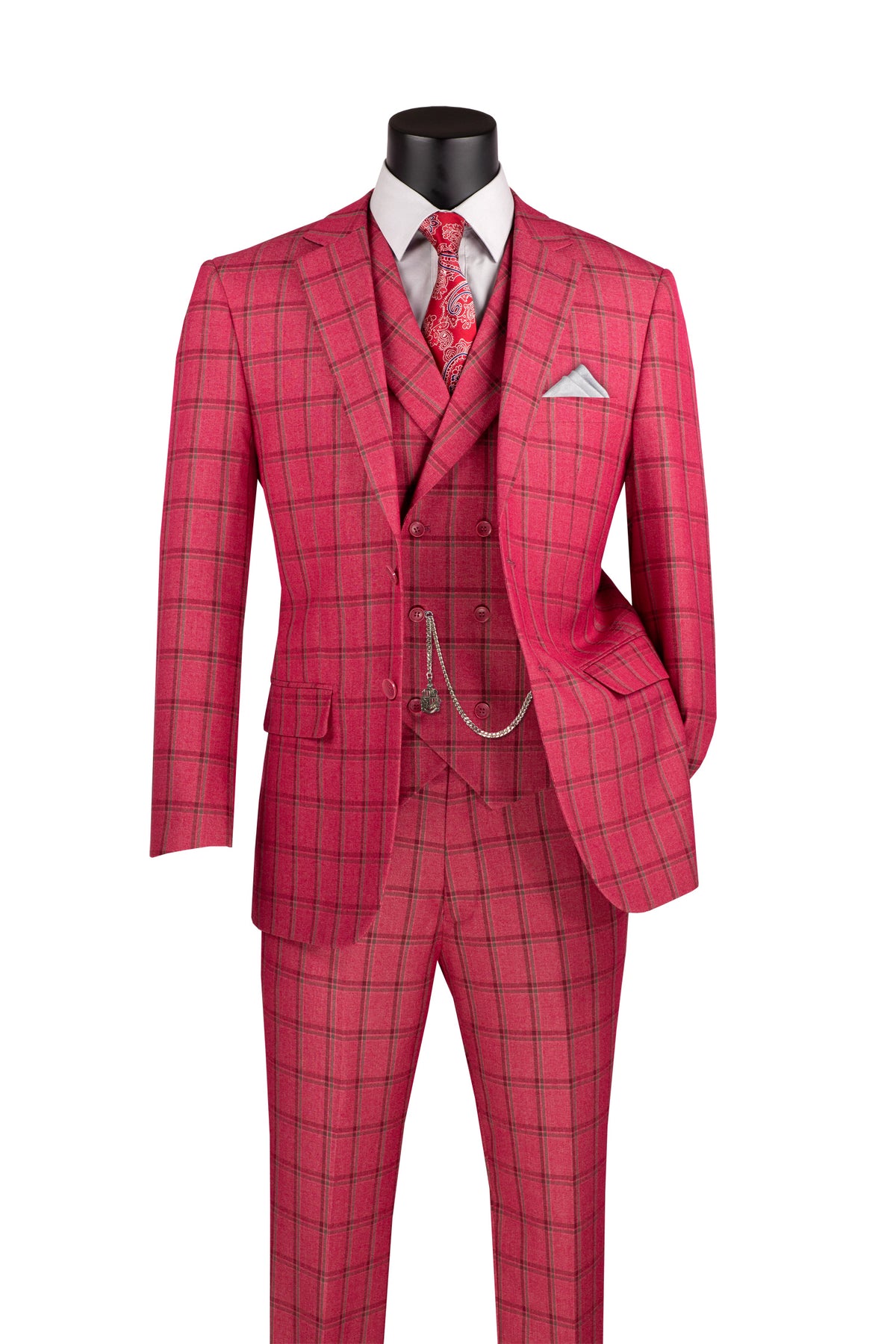 Diamond Collection Modern Fit Windowpane Suit 3 Piece in Raspberry - Suits99