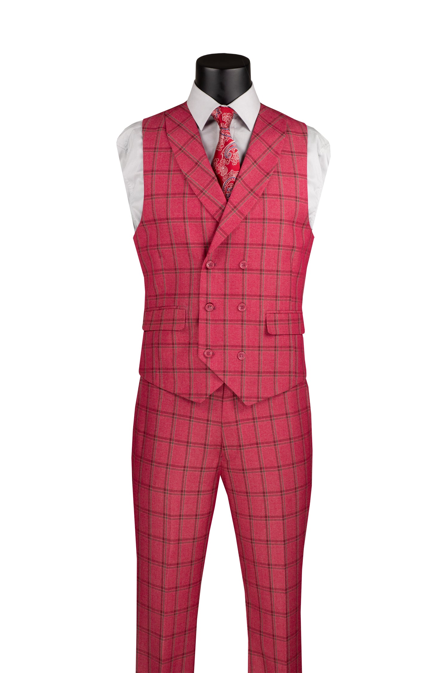Diamond Collection Modern Fit Windowpane Suit 3 Piece in Raspberry - Suits99
