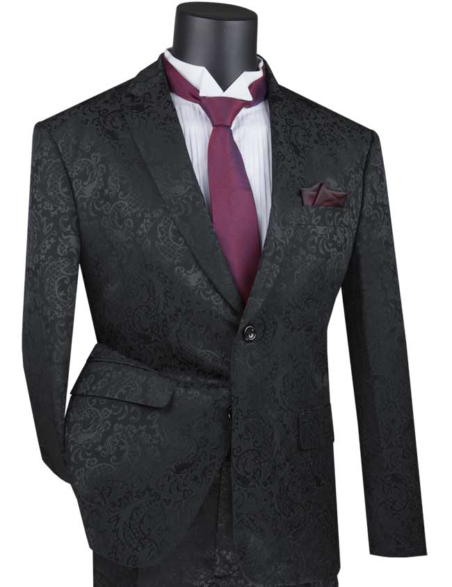 Slim Fit Paisley Suit 2 Piece Black - Suits99