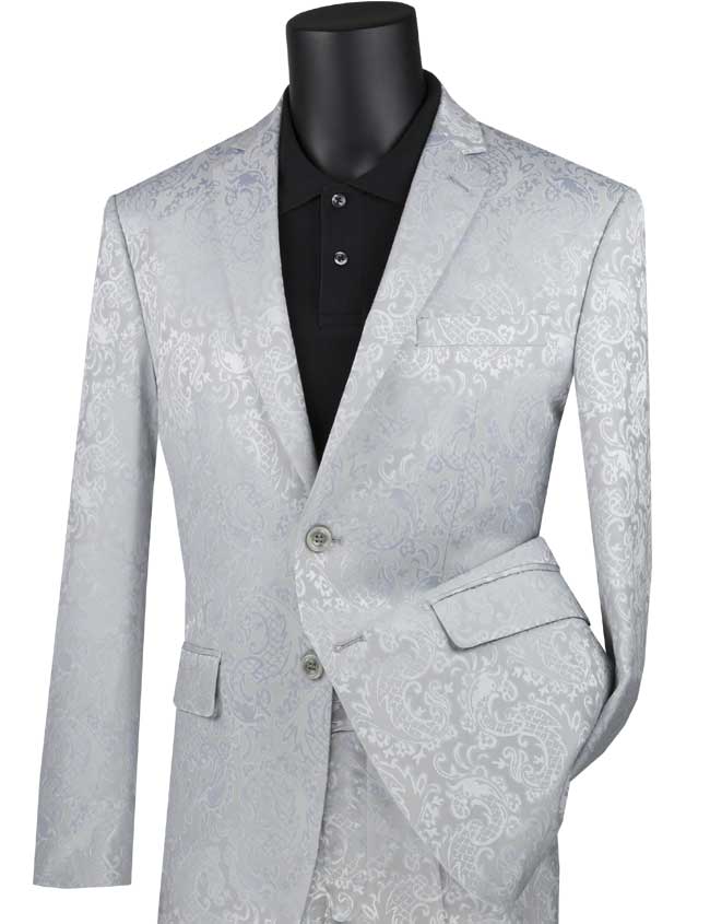 Slim Fit Paisley Suit 2 Piece Silver