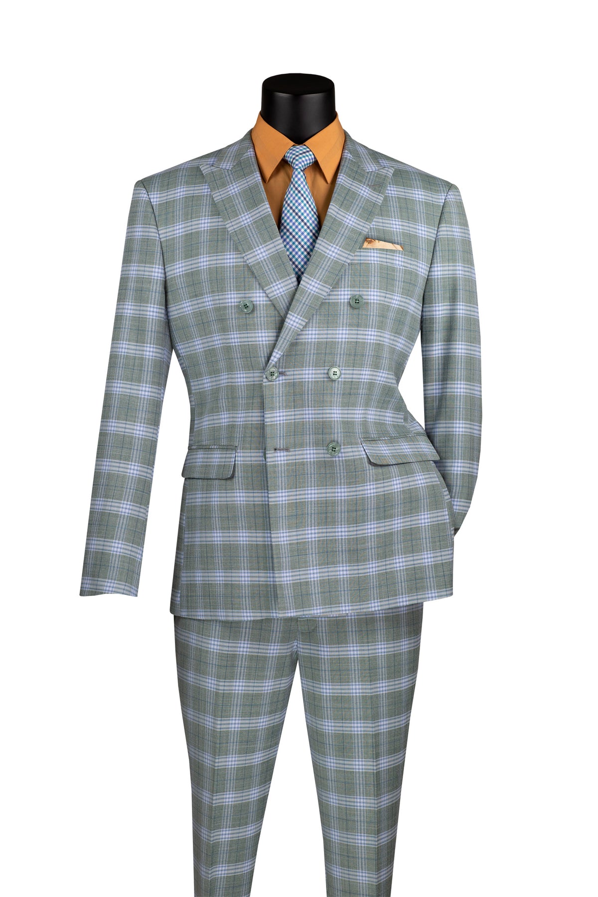 Double Breasted Slim Fit Window Pane Suit in Sea Grass - Suits99