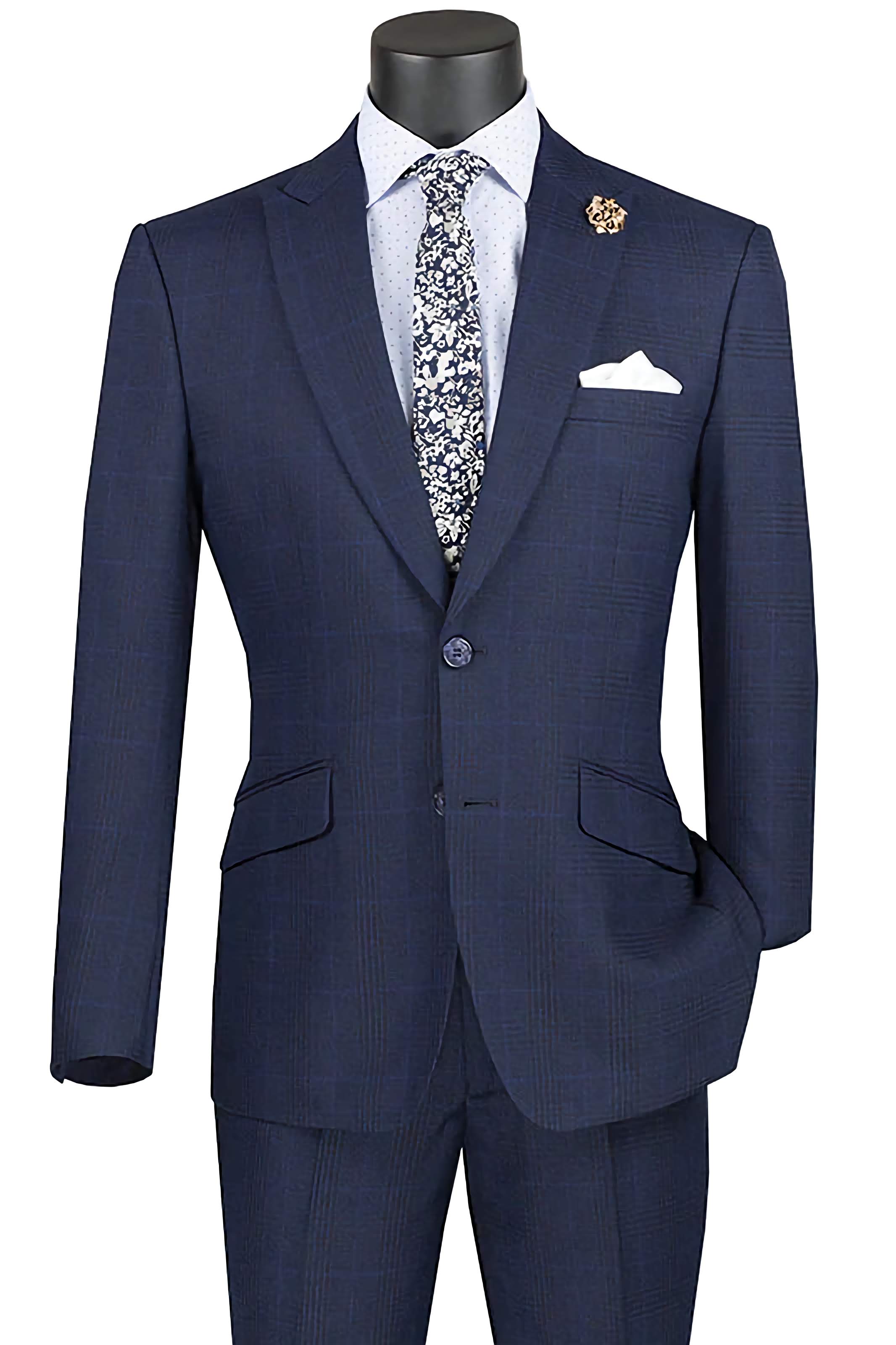 Slim Fit 2 Piece Suit Navy Glen Plaid Pattern Matching Pants