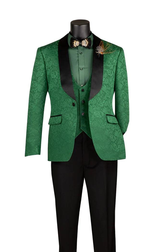 Green Slim Fit 3 pcs Jacquard Fabric Single Button Vested Fashion Tuxedo Solid Black Pants - Suits99