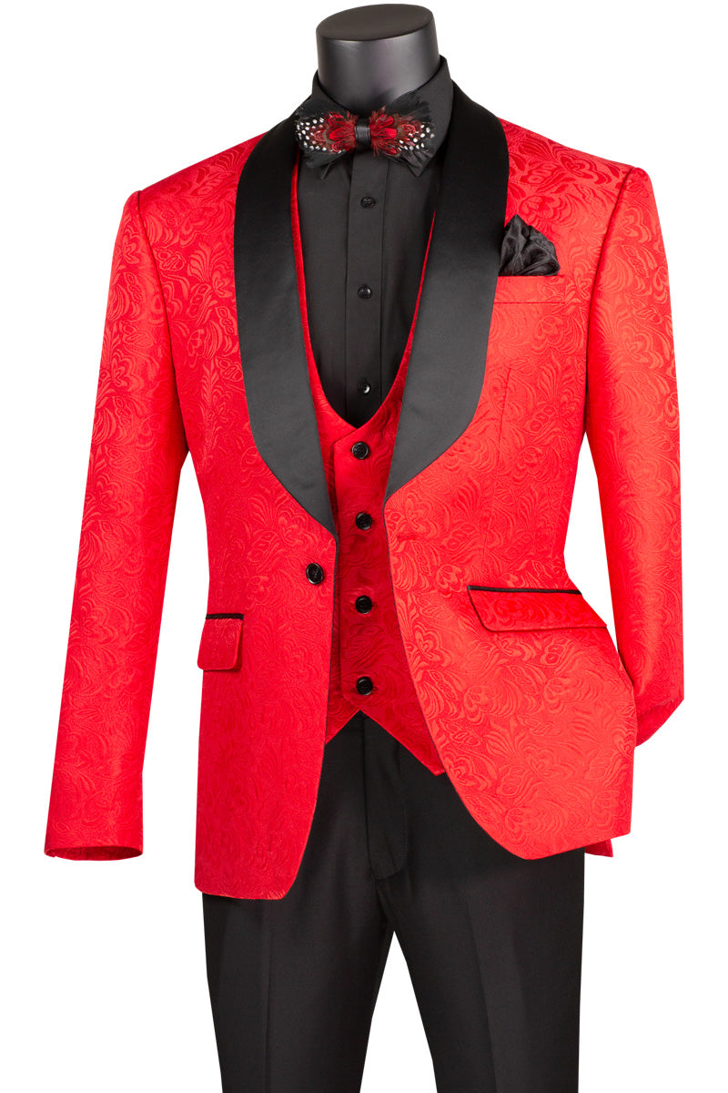 Red Slim Fit pcs Jacquard Fabric Single Button Vested Fashion Tuxedo