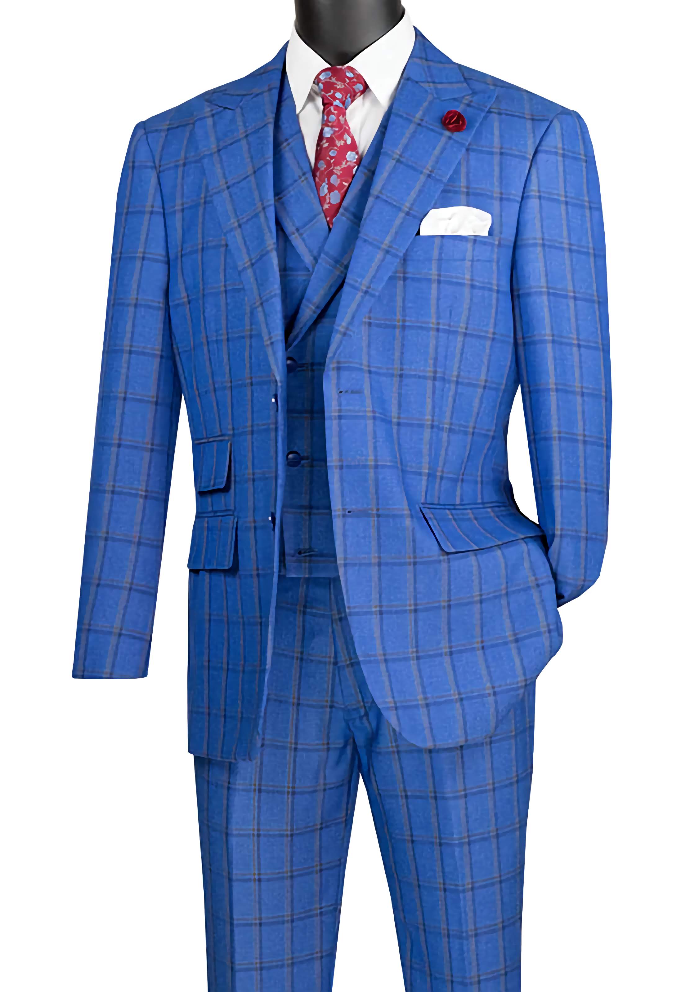 Tessori Collection - Modern Fit Windowpane Suit 3 Piece in Royal Blue - Suits99