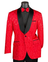 Red Regular Fit Floral Pattern Jacket Shawl Lapel - Suits99