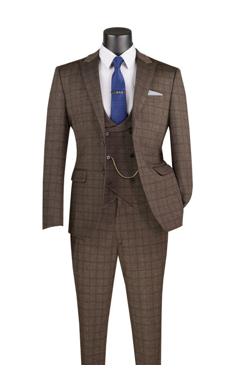 Milano Slim Fit 3 pcs Vested Suits for Men Super Stretch Fabric in Bro Milano Slim Fit 3 pcs Vested Suits for Men Super Stretch Fabric in Bro
