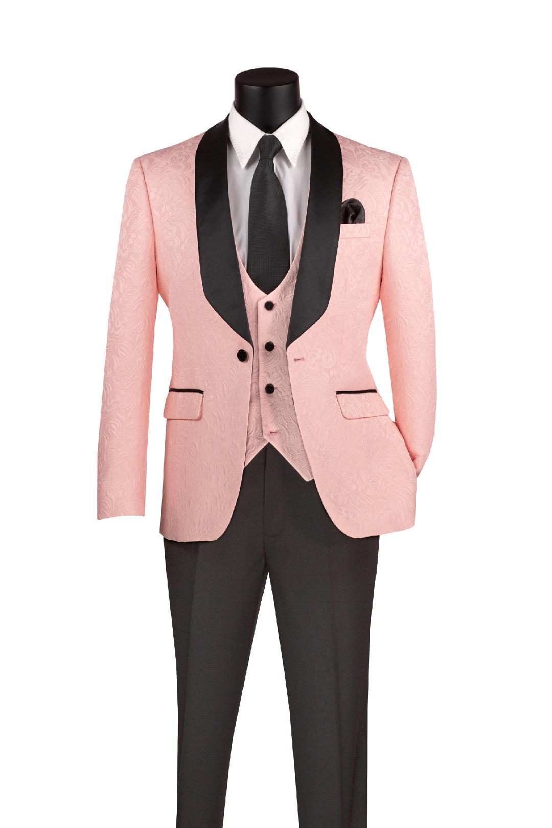 Pink Slim Fit 3 pcs Jacquard Fabric Single Button Vested Fashion Tuxedo Solid Black Pants - Suits99