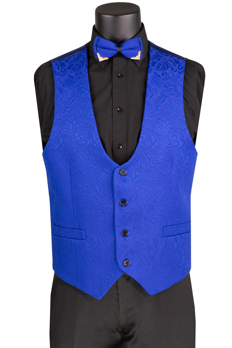 Royal Slim Fit 3 pcs Jacquard Fabric Single Button Vested Fashion Tuxedo Solid Black Pants - Suits99