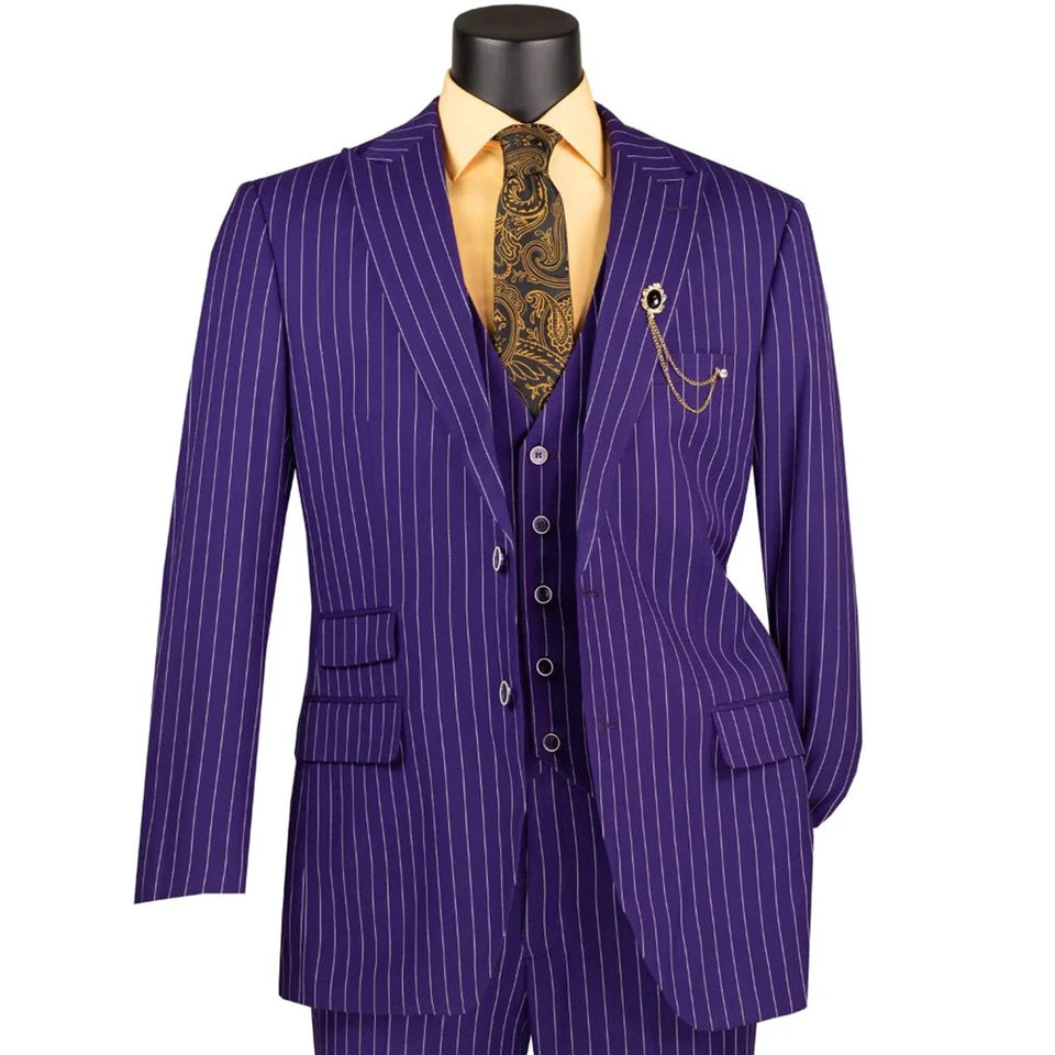 Purple Regular Fit 3 Piece Suit 2 Button Gangster Stripe