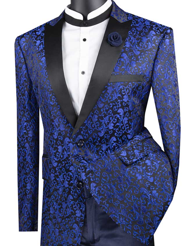 Blue Regular Fit Floral Pattern Jacket Peak Lapel - Suits99