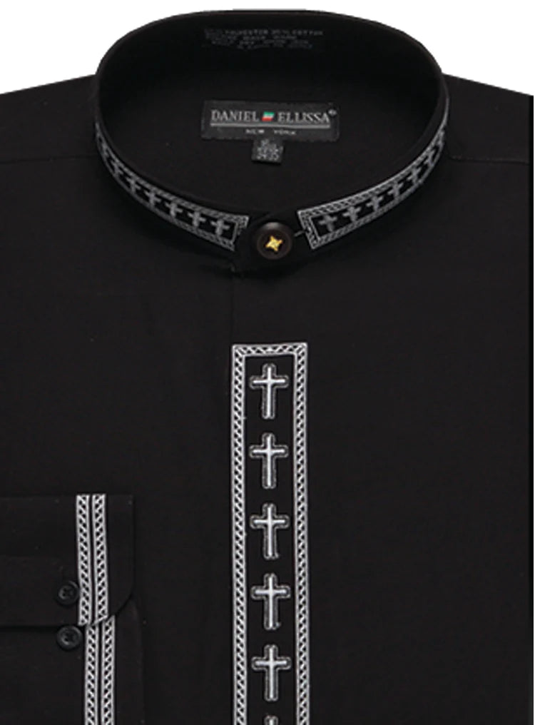 Men's Banded Collar Embroidered Shirt in Black/White - Suits99