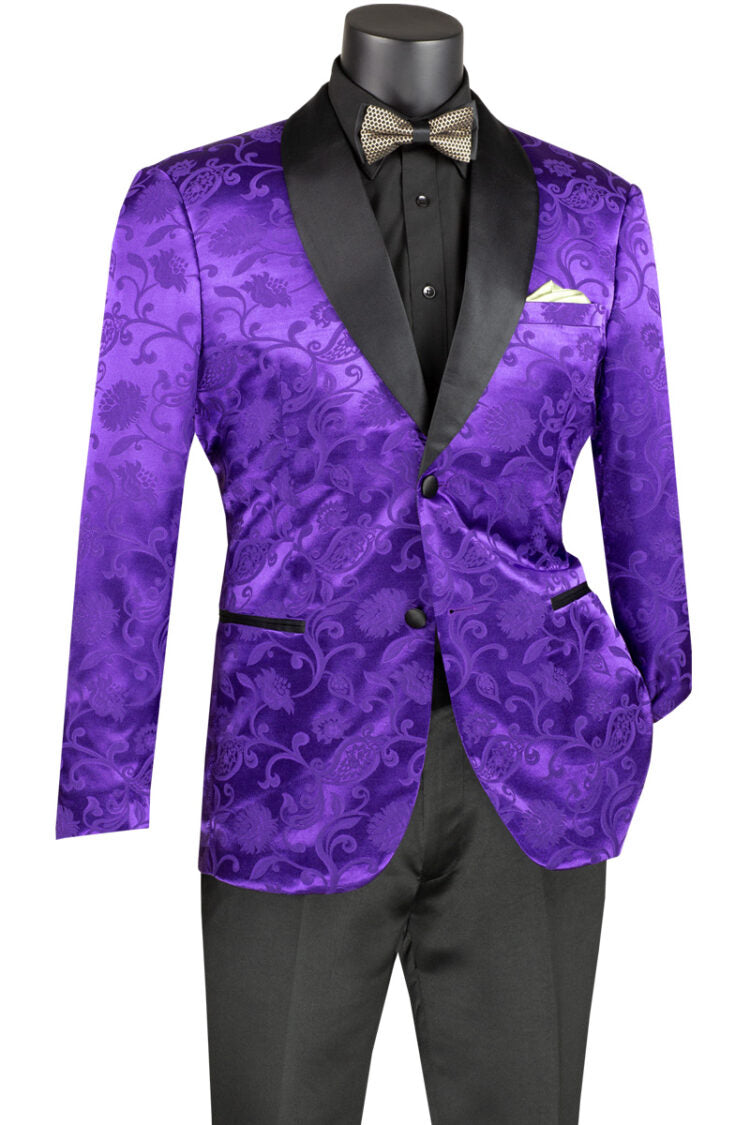 Slim Fit Silky Jacquard Fabric Sport Coat Single Breasted 2 Buttons with Bow Tie Purple - Suits99