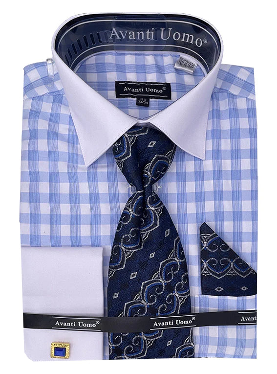 Light Blue Check Dress Shirt Set with Cuff - Suits99