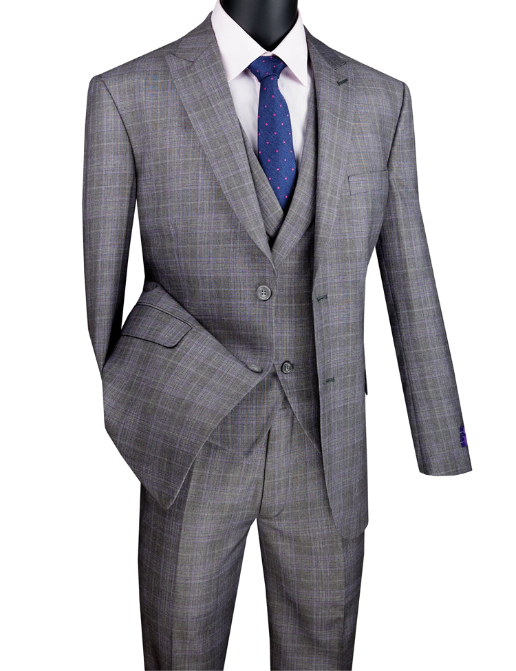 Modern Fit Windowpane Suit 3 Piece in Grey