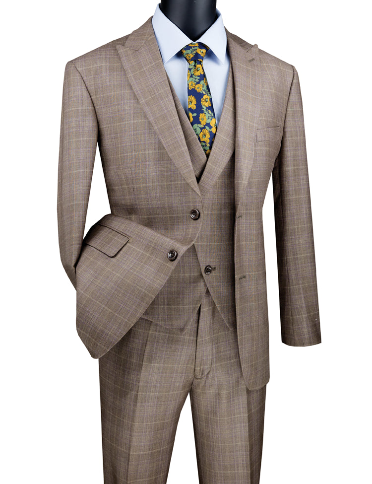 Modern Fit Windowpane Suit 3 Piece in Tan