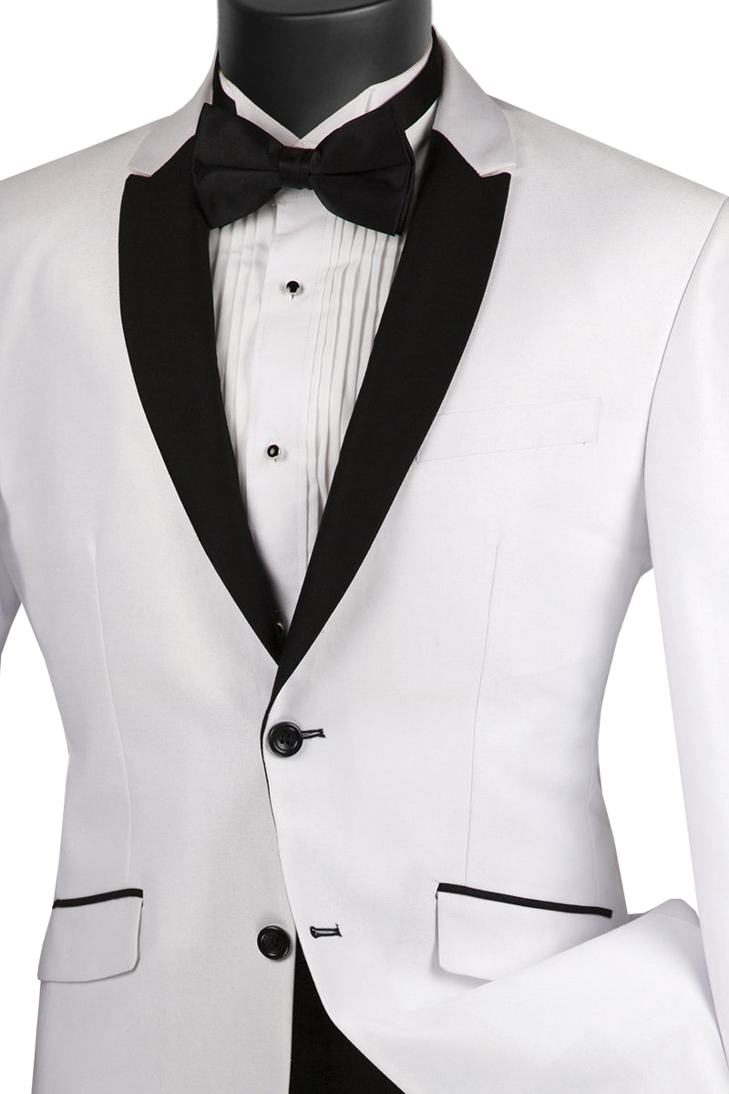 Slim Fit Shiny Sharkskin Men's 2 Piece Suit in White With Black Lapel - Suits99