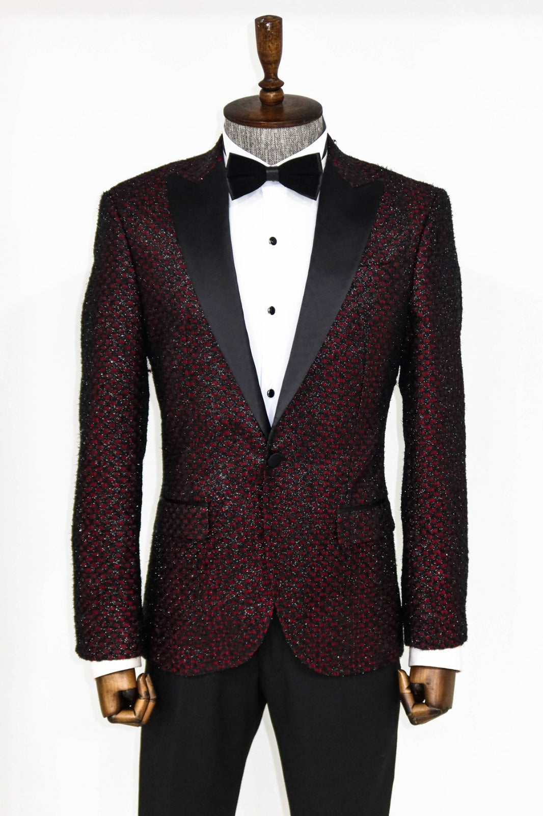 Fancy Custom Made Wine Slim Jacket With Black Lapel