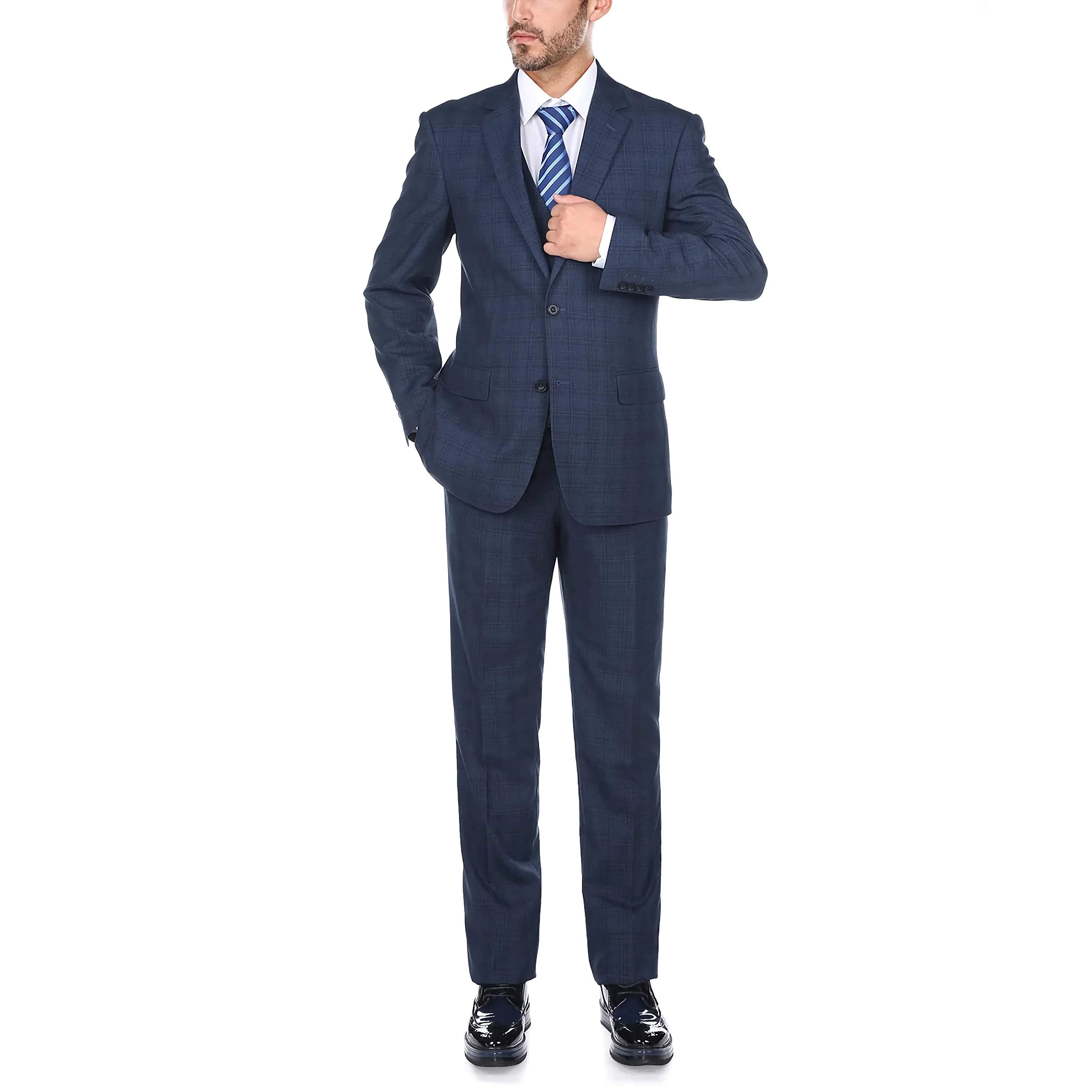 3 Piece Suit 2 Buttons Blue Glen Plaid Regular Fit - Suits99