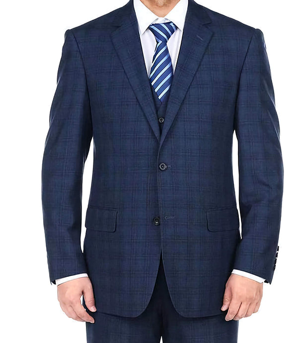 3 Piece Suit 2 Buttons Blue Glen Plaid Regular Fit - Suits99
