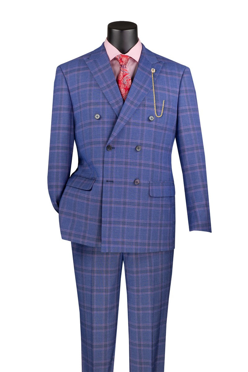 Double Breasted Modern Fit Glen Plaid Suit in Blue Suits99