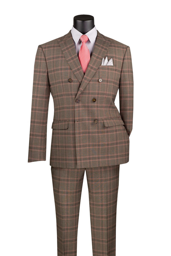 Double  Breasted Modern Fit Glen Plaid Suit  in  Brown