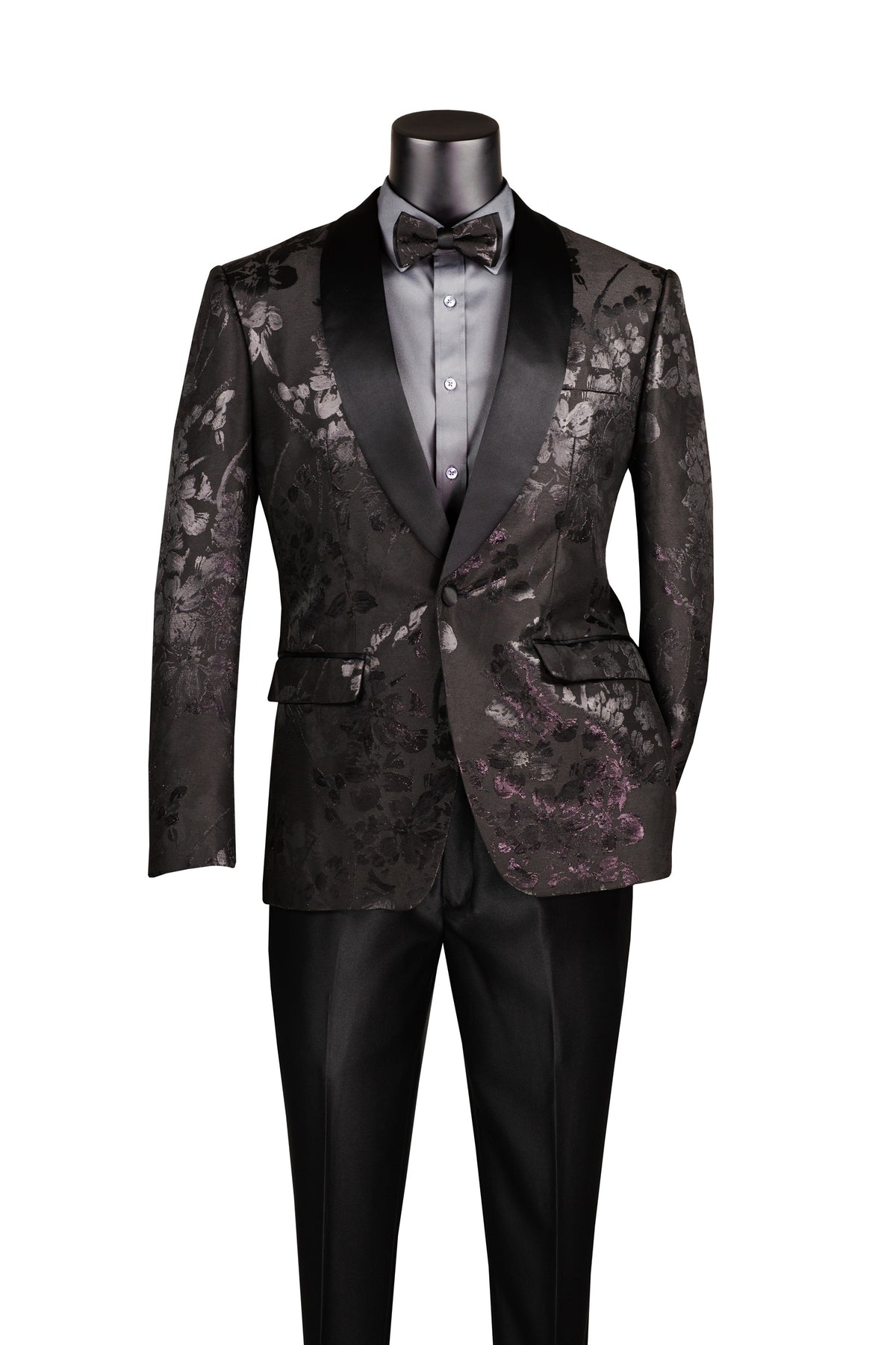 Black Slim fit Fit Floral Pattern Jacket Shawl Lapel With Bow Tie - Suits99