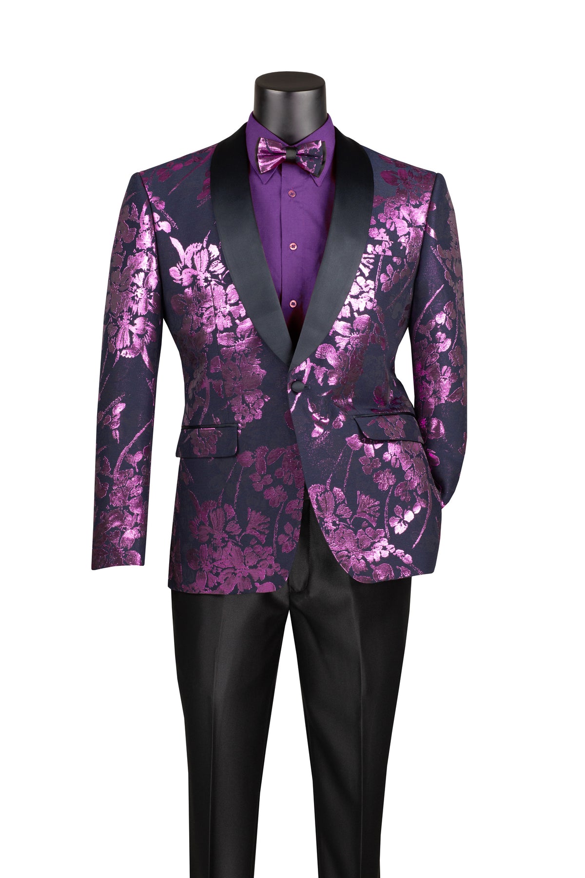 Lavender Slim fit Fit Floral Pattern Jacket Shawl Lapel With Bow Tie - Suits99