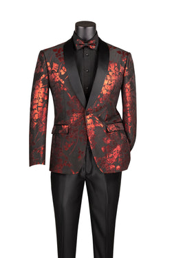 Red Slim fit Fit Floral Pattern Jacket Shawl Lapel With Bow Tie