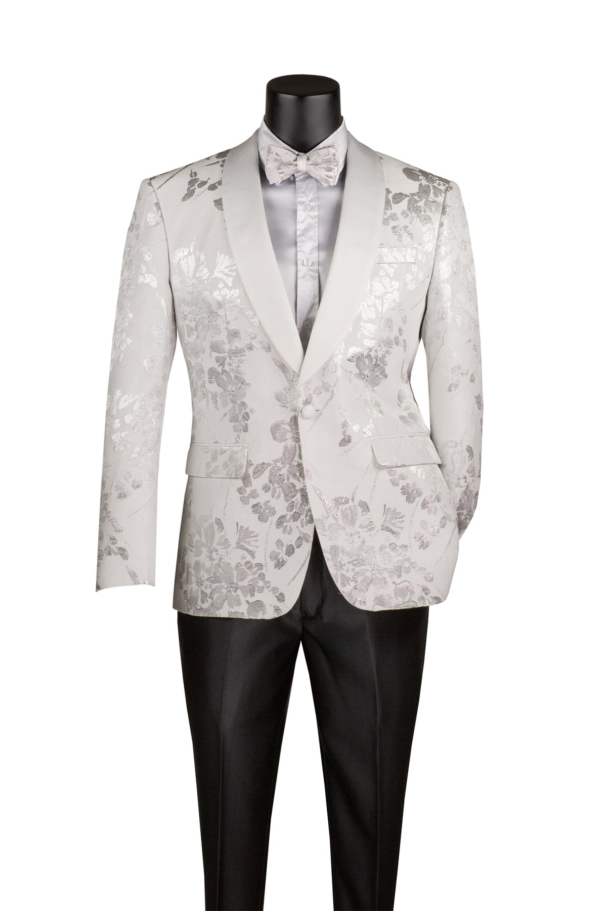White Slim fit Fit Floral Pattern Jacket Shawl Lapel With Bow Tie - Suits99