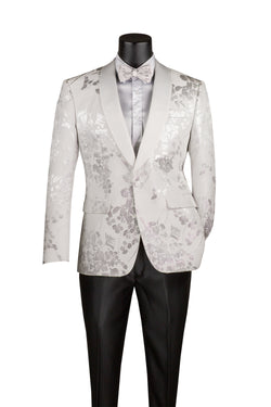 White Slim fit Fit Floral Pattern Jacket Shawl Lapel With Bow Tie