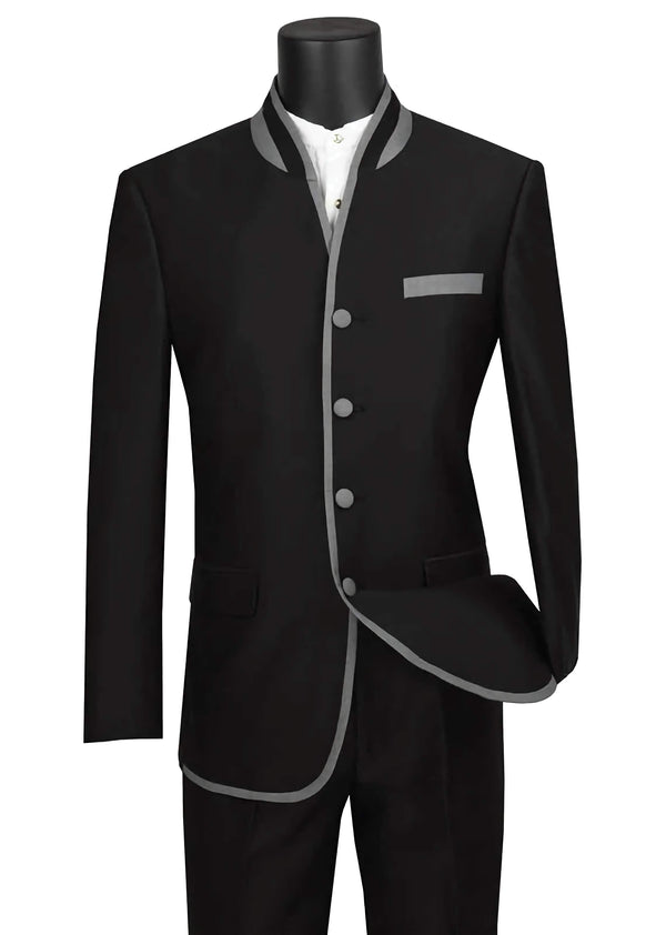 - Banded Collar Slim Fit Suit Shiny Sharkskin 2 Piece Black